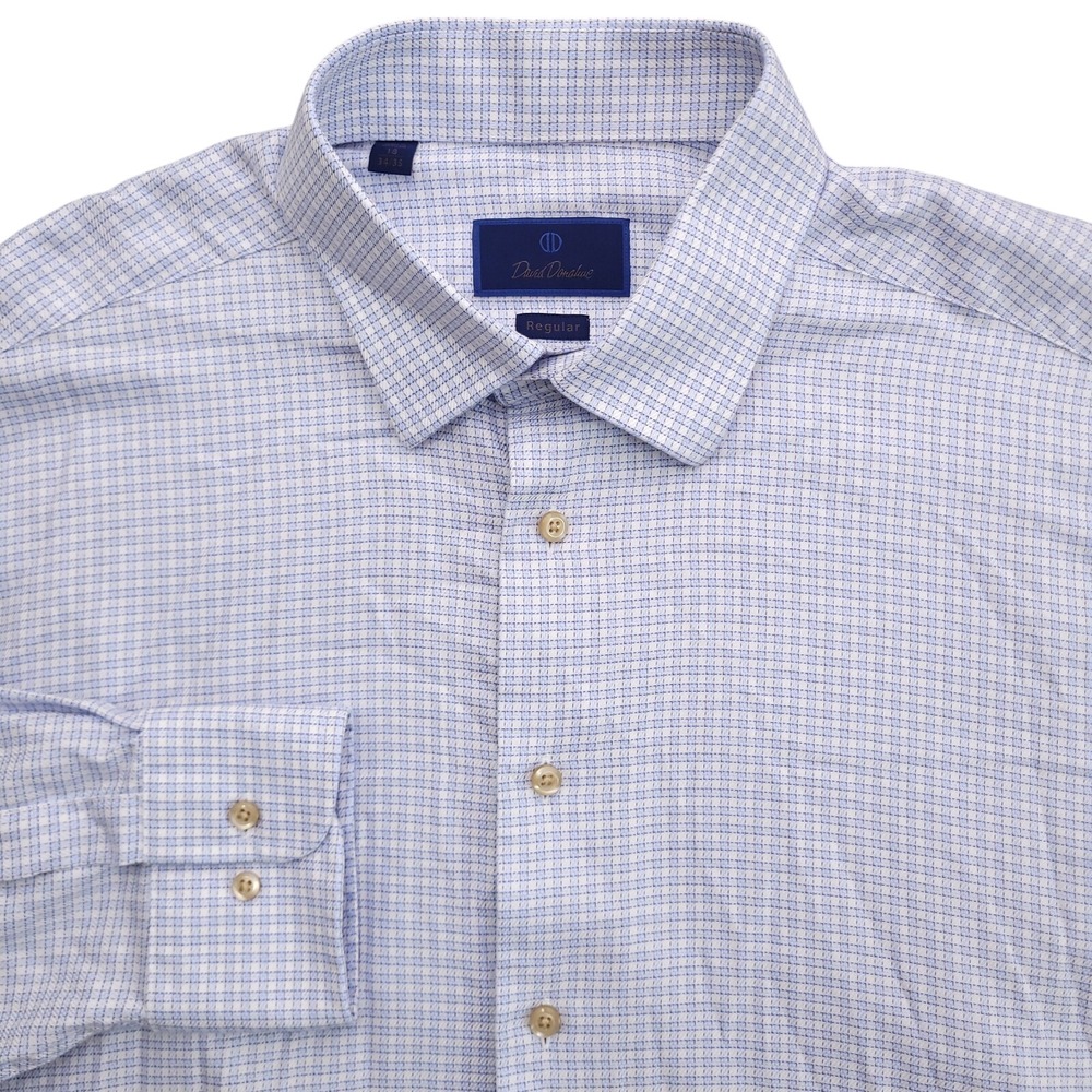 David Donahue Dress Shirt Mens‎ 18 34/35 Regular Fit White Blue Check